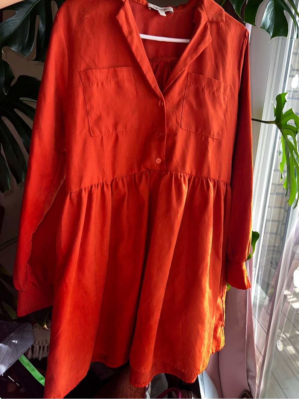 Francesca's Long Sleeve Tiered Shirt Dress - Rust Orange Mini Short Button Up